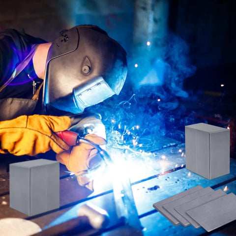 Welder using 24 Pack Welding Practice Kit With 2x4 Inch Coupons In 9 Gauge, 11 Gauge, 14 Gauge, 16 Gauge Mild Steel near metal plates.