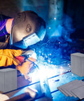 Welder using equipment with 12 Pack Welding Practice Kit With 2 By 4 Inch Coupons In 9 11 14 16 Gauge Mild Steel visible