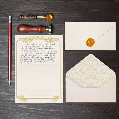 Vintage Style Stationery Set With 60 Letter Papers And 30 Envelopes, gold border writing paper, envelopes with wax seal