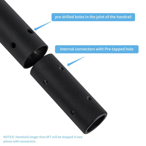 Close-up of pre-drilled joint and connectors of 7FT Modern Aluminum Wall Mount Handrail Matte Black.