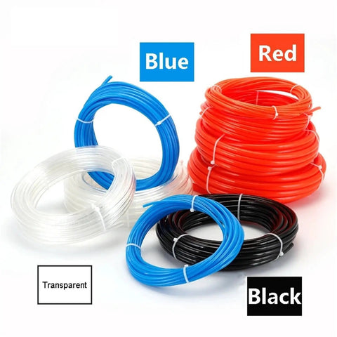 Badass Flexible PU Pneumatic Hose For Compressed Air With Push Quick Couplings In Blue And Sizes Like 8x5mm Or 6x4mm Fits For Best Performance Reliable Leak Proof Seals For Home Or Shop Ensuring Rock Solid Connections Easy As Pie All Day Long. Coils in blue, red, transparent, and black