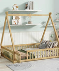 Tent Shaped Floor Bed With Guardrails And Slats For Privacy And Safe Sleep in a kids room with decor shelves