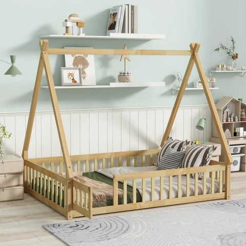 Tent Shaped Floor Bed With Guardrails And Slats For Privacy And Safe Sleep in a kids room with decor shelves