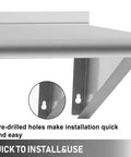 Close-up of mounting bracket and pre-drilled holes on Stainless Steel Wall Mount Shelf 12x24 Inches Heavy Duty Kitchen Utility Rack