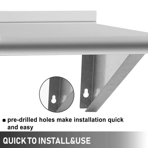 Close-up of mounting bracket and pre-drilled holes on Stainless Steel Wall Mount Shelf 12x24 Inches Heavy Duty Kitchen Utility Rack