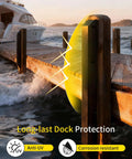 Tough As Nails 48 Inch Dock Piling Bumpers 2 Pack Marine Grade Vertical Post Protectors for Boat Mooring at sunset with waves.