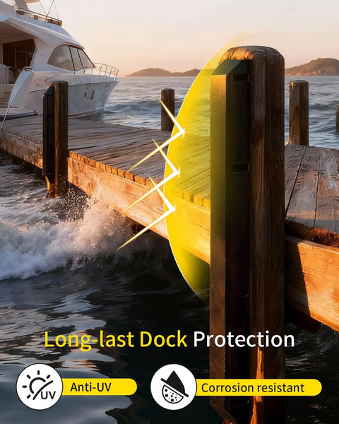 Tough As Nails 48 Inch Dock Piling Bumpers 2 Pack Marine Grade Vertical Post Protectors for Boat Mooring at sunset with waves.