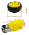 Four Pack DC Gearbox Motors With One To Forty Eight Gear Ratio, 3 To 6 Volts TT Motors Delivering Ninety To Two Hundred RPMs, Includes Yellow TT Motor And Plastic Wheel Set For DIY Robotics Projects, showing dimensions of motor and wheel