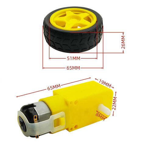 Four Pack DC Gearbox Motors With One To Forty Eight Gear Ratio, 3 To 6 Volts TT Motors Delivering Ninety To Two Hundred RPMs, Includes Yellow TT Motor And Plastic Wheel Set For DIY Robotics Projects, showing dimensions of motor and wheel