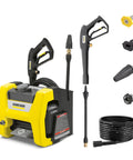 Compact 1700 PSI TruPressure Pressure Washer With 1.2 GPM, three nozzles, hose, and detergent tank, for cleaning various surfaces.