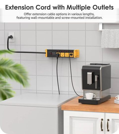 Heavy Duty 20 Amp Surge Protector Power Strip Workhorse with Independent Switches wall mounted in kitchen with coffee maker