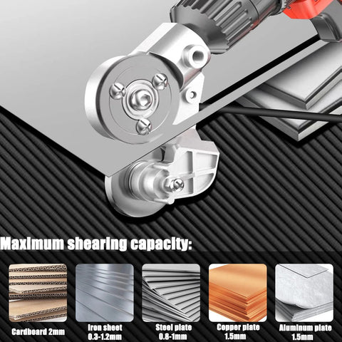 CZS sheet metal cutter drill attachment on an electric drill; silver head; shows five material samples.