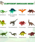 Illustration of 12 dinosaur figures including Diplodocus and Tyrannosaurus in Dig Up Dinosaur Fossil Eggs Kit Break Open Twelve Unique Dino Eggs Uncover Twelve Adorable Dinosaurs Easter STEM Toy For Kids Ages Three To Twelve Hands On Archaeology Science Gift.
