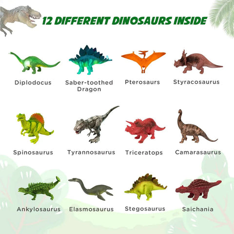 Illustration of 12 dinosaur figures including Diplodocus and Tyrannosaurus in Dig Up Dinosaur Fossil Eggs Kit Break Open Twelve Unique Dino Eggs Uncover Twelve Adorable Dinosaurs Easter STEM Toy For Kids Ages Three To Twelve Hands On Archaeology Science Gift.