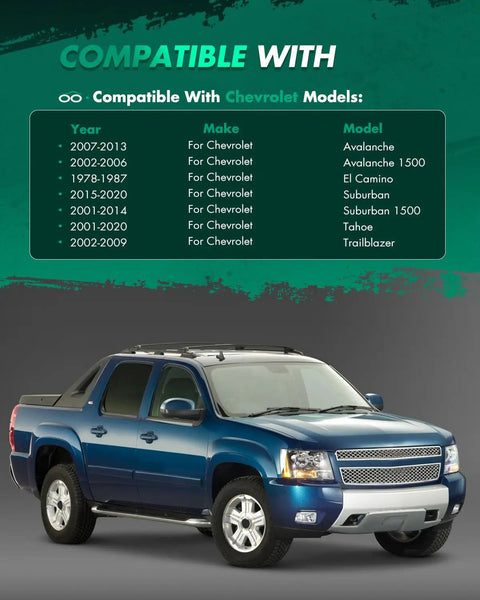 Compatible Chevrolet models list with image, includes Avalanche shown, for 2 Inch Rear Leveling Lift Kit For Chevrolet Tahoe Suburban Avalanche 1500 2WD 4WD Billet Aluminum Coil Spring Spacers For Tough Terrain And Improved Ride Height For A Rugged Look