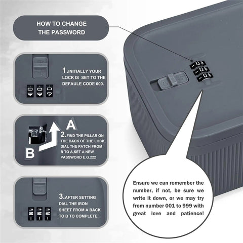 Secure Lock Box With Easy Combination Code For Medication And Personal Items, instructions on changing combination code.