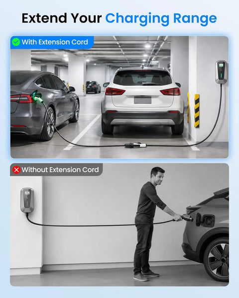 Hella Reliable 21 Foot J1772 EV Extension Cord 50 Amp Level 2 Electric Vehicle Charging Cable in use, extending charge range in garage.