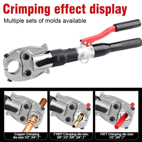 Hydraulic Crimping Tool With 65 MPa Auto Pressure Relief, One Half To One Inch Dies For Copper Pipes And F877 PEX Sleeves, Three Eighths To One Inch Dies For ASTM F1807 PEX Rings, Lightweight Yet Rugged Aluminum Construction, Leak Proof System For Pro, with copper, F1807 and F877 dies