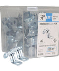 Heavy Duty Galvanized Steel Pipe Strap One Hole EMT Conduit Clamp Half Inch Electrical Support Rig 100 Pack in clear container.