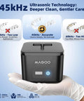 Powerful 45kHz Ultrasonic Cleaner For Dentures, Aligners, And Mouth Guards With UV Sanitizer displaying cleaning modes.