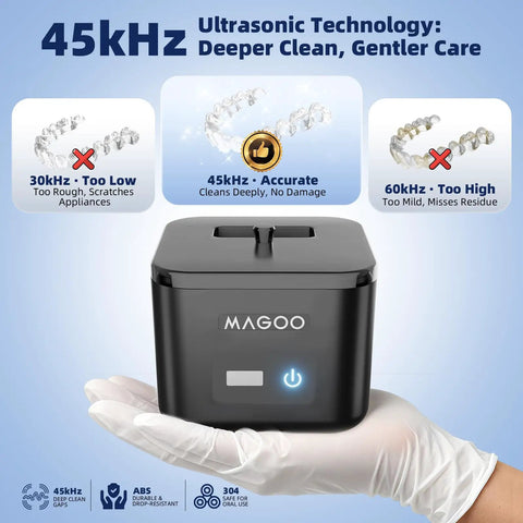 Powerful 45kHz Ultrasonic Cleaner For Dentures, Aligners, And Mouth Guards With UV Sanitizer displaying cleaning modes.