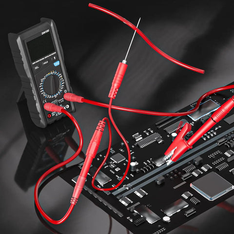 4mm Banana Plug Test Leads Kit With Wire Piercing Probes, Extension Cables And Alligator Clips For Multimeter Electrical Testing Red And Black Pro Grade DIY Electronics And Tech Pros connected to circuit board