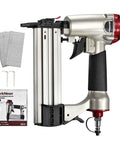 Built Different 2 In 1 Pneumatic Brad Nailer And Narrow Crown Staple Gun Kit drives 18 Gauge nails, silver unit with included staples.