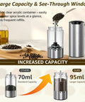 Electric Salt And Pepper Grinder Set with Type C fast charging showcasing 95ml capacity and stainless steel design.