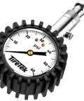 Front view: TireTek tire pressure gauge with black protective bezel and metal nozzle, analog psi dial