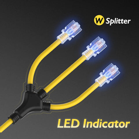 L14-30P Generator Adapter Cord To 4 X 5-15R And 5-20R Household Plugs with LED Indicator, showing a yellow splitter design