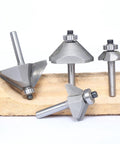 Solid Four Piece Forty Five Degree Chamfer Router Bit Set For Fine Woodworking With Quarter Inch Shank Premium Carbide Cutter on wood.