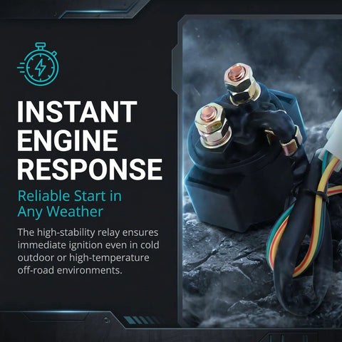 Built Tough Starter Solenoid Relay For Motorcycle Scooter With Heavy Duty Copper Terminals Vibration Resistant Construction, close-up view with wires.