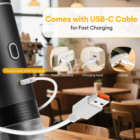 Close-up of Portable Espresso Machine featuring USB-C cable for fast charging, ideal for road trips and travel adventures.
