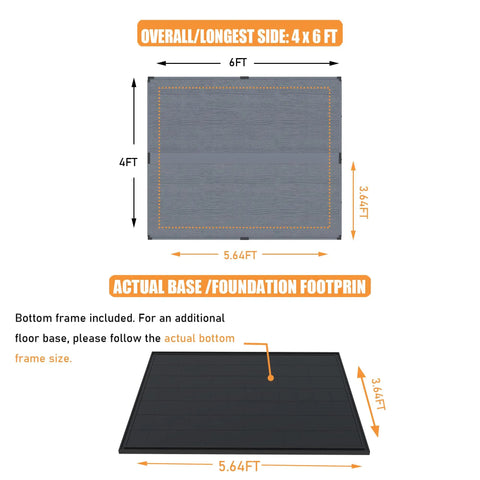 Diagram showing Resin Storage Shed 4x6 dimensions and floor base size with labeled measurements of 4x6 ft and 5.64x3.64 ft.