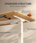 Top Shelf Solid White Oak Dual Motor Electric Standing Desk, Height Adjustable Ergonomic Office Table, Heavy Duty Quick Rise Base, 55 By 28 Inch Sturdy Work Surface displayed with sturdy thickened legs and balanced dual beams for stability.