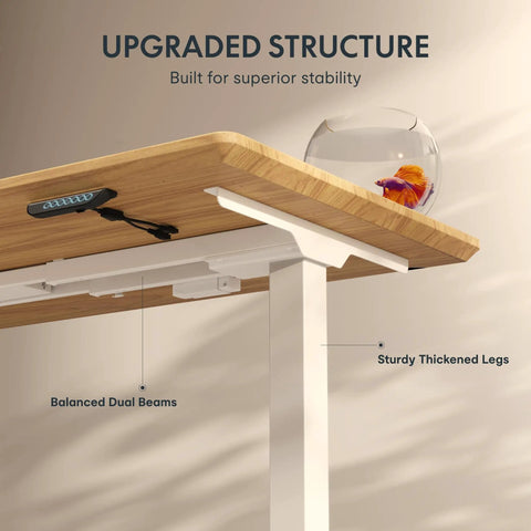 Top Shelf Solid White Oak Dual Motor Electric Standing Desk, Height Adjustable Ergonomic Office Table, Heavy Duty Quick Rise Base, 55 By 28 Inch Sturdy Work Surface displayed with sturdy thickened legs and balanced dual beams for stability.