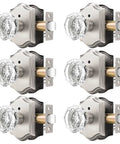 Six Pack Octagonal Crystal Door Knobs With Privacy Lock For Bedroom And Bathroom, Satin Nickel Vintage Rosette Handles