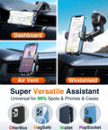 Military Grade Heavy Duty Car Phone Mount With Slam Suction Grip And Patented Safety Lock For Dashboard Windshield Vent showing different mounting positions.