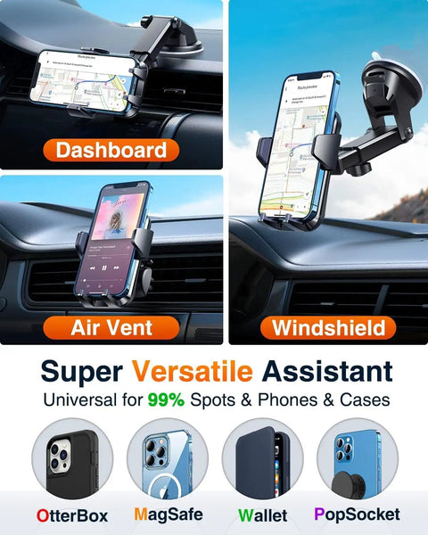 Military Grade Heavy Duty Car Phone Mount With Slam Suction Grip And Patented Safety Lock For Dashboard Windshield Vent showing different mounting positions.