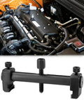 Beefy Universal Ribbed Drive Pulley Crankshaft Remover Tool Puller with low profile arms and 6.3 inch jaw next to engine