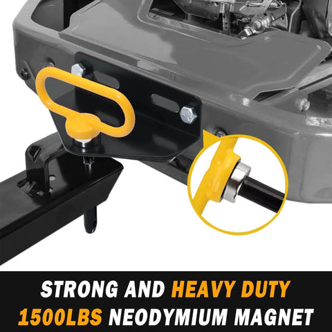 Close-up of Heavy Duty Magnetic Hitch Pin One Half Inch For Lawn Mowers And Trailers One Handed No Fuss Easy Hook On Off No Rust Strong Magnet Gate Pin For ATVs Lawn Tractors Towing Cargo Fits Standard One Half Inch Receivers Yellow installed on a lawn tractor hitch.