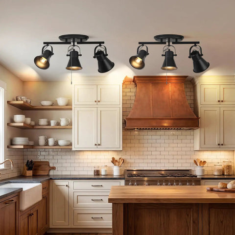 Gold Four Light Track Lighting Kit With Adjustable Heads Flush Mount Ceiling Fixture in cozy kitchen setting