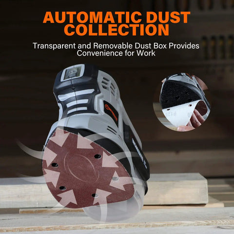 Cordless 20V Max Random Orbital And Detail Sander With 2.0A Battery And Charger showing dust collector feature