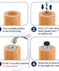 Installation guide for Adjustable 1/4-20 Thread Furniture Feet Levelers, showing drilling and screwing steps on wooden furniture legs.
