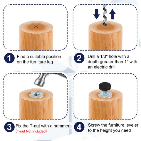Installation guide for Adjustable 1/4-20 Thread Furniture Feet Levelers, showing drilling and screwing steps on wooden furniture legs.