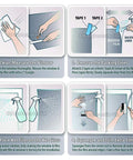 Clear UV Blocking Window Film With Unobstructed View installation instructions, showing cleaning, applying, and trimming steps.