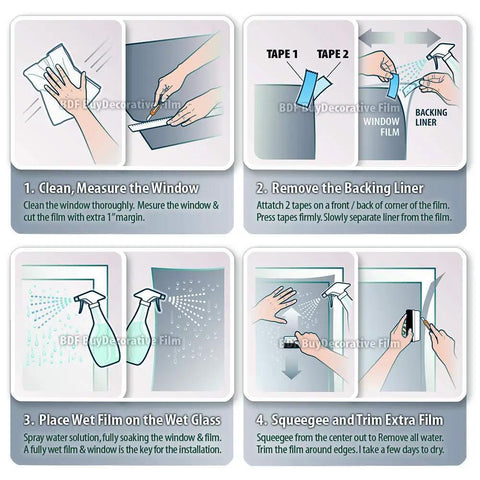 Step-by-step installation of clear UV blocking window film, showing cleaning, peeling, applying, and trimming on a window.