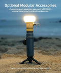 Outdoor rechargeable lamp with warm glow on sandy beach, showcasing NESTOUT's modular accessory for adventurous settings.