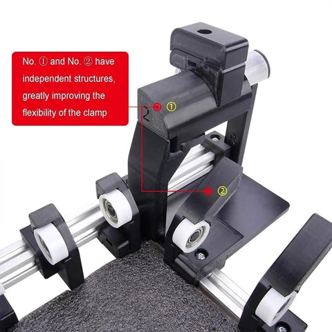Close-up view of Heavy Duty Manual Box Folding Tool For Shipping Cartons With Quick Adjustment Slides showing adjustable clamp and rollers.