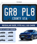 Two Pack Matte Black License Plate Frames For Cars, Stainless Steel, Weatherproof And Rust Resistant Plate Cover displayed with car.